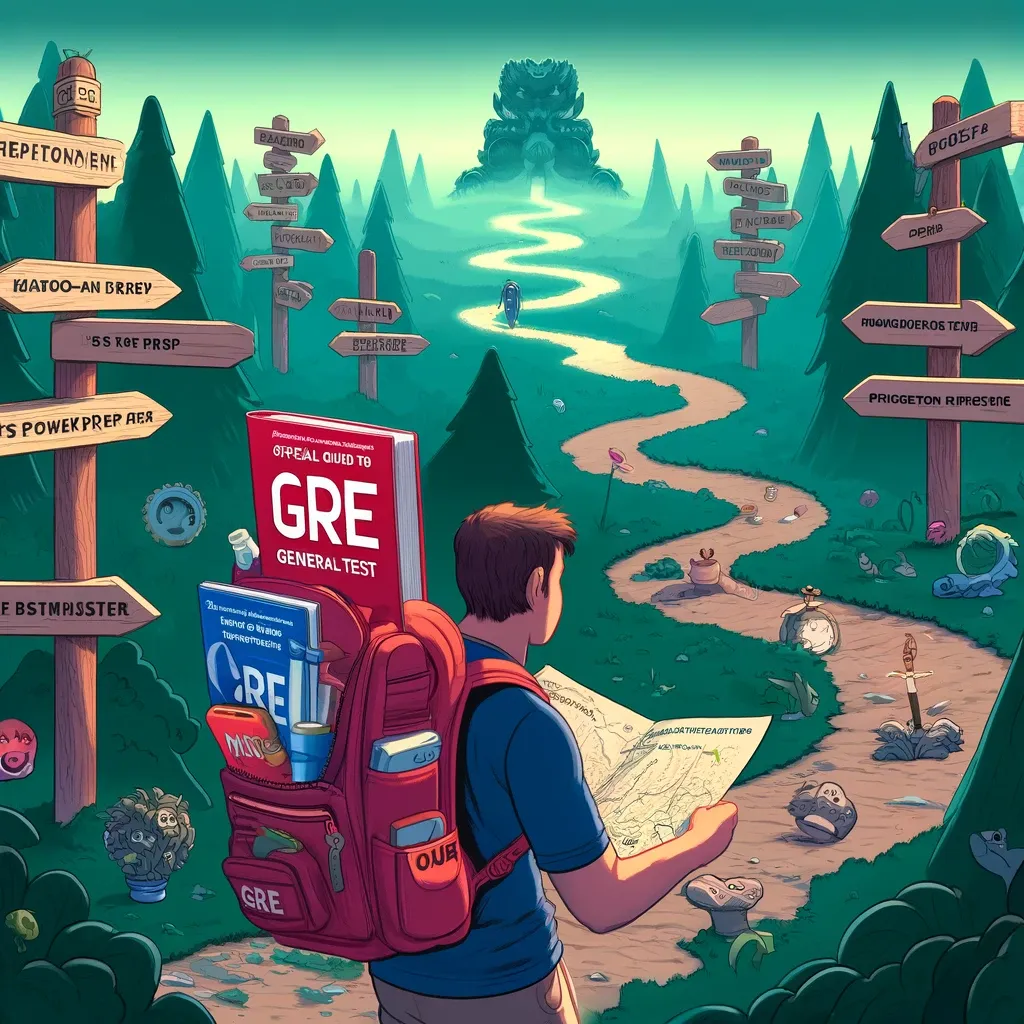 DALL·E 2024-04-04 00.20.18 - Create a cartoon-like image that illustrates a person embarking on a GRE preparation adventure in a metaphorical landscape. The person is equipped wit.webp